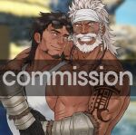  2boys arm_around_shoulder bara beard_stubble braid ch1du commission couple dark-skinned_male dark_skin eyewear_on_head facial_mark final_fantasy final_fantasy_xiv grin head_tilt headband hug hug_from_behind hyur large_pectorals long_hair long_sideburns looking_at_viewer lyon_rem_helsos male_focus mature_male multiple_boys muscular muscular_male old old_man pectorals scar scar_on_cheek scar_on_face short_hair side_braid sideburns sideburns_stubble sidepec single_braid smile sunglasses tank_top thick_beard thick_mustache tribal upper_body vambraces warrior_of_light_(ff14) watermark white_headband white_tank_top wrinkled_skin yaoi 