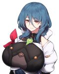  1girl absurdres black_leotard blue_hair breasts closed_mouth commentary_request hair_between_eyes highres honkai:_star_rail honkai_(series) jacket jewelry large_breasts leotard long_bangs long_hair looking_at_viewer mole mole_under_mouth natasha_(honkai:_star_rail) open_clothes open_jacket pendant red_armband red_eyes rikuguma sidelocks simple_background smile solo upper_body white_background white_jacket 