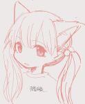  1girl 3yo4yo5yo akane_(3yo4yo5yo) animal_ear_fluff animal_ears cat_ears cat_girl eyes_visible_through_hair furry furry_female hair_between_eyes highres jacket long_hair looking_to_the_side monochrome open_mouth simple_background sketch solo translation_request twintails white_background 