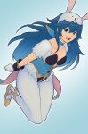  1girl :d absurdres animal_ears blue_background blue_eyes blue_hair breasts choker cleavage collarbone fake_animal_ears fire_emblem fire_emblem_awakening fire_emblem_heroes frilled_choker frills gloves gold_trim highres leotard long_hair looking_at_viewer lucina_(fire_emblem) lucina_(spring)_(fire_emblem) microskirt official_alternate_costume open_mouth pantyhose playboy_bunny puffy_short_sleeves puffy_sleeves rabbit_ears see-through short_sleeves simple_background skirt small_breasts smgold smile solo twitter_username underbust white_gloves 