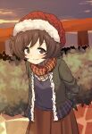  1girl akiyama_yukari arms_behind_back blush brown_dress brown_eyes brown_hair coat commentary_request dress fur-trimmed_headwear girls_und_panzer green_coat guard_rail highres leaf_print long_sleeves looking_at_viewer messy_hair open_clothes open_coat outdoors plaid plaid_scarf red_headwear red_scarf scarf shiina_excel short_hair sky smile solo standing upper_body wavy_mouth winter_clothes yellow_scarf 
