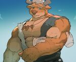  1boy abs animal_ears bara borrowed_character cow_ears cow_horns disembodied_limb feather_necklace feeling_muscles furry furry_male highres horns jewelry large_pectorals light_smile male_focus me-me_(mouact2) minotaur muscular muscular_male necklace orange_fur original pectorals short_hair solo upper_body veins veiny_arms 