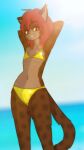  2023 absurd_res ambiguous_gender anthro bikini clothed clothing digital_media_(artwork) felid felin gold_bikini hair hi_res kawa kawaoneechan lens_flare looking_at_viewer mammal red_eyes red_hair smile solo swimwear 