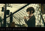  1girl anniversary asymmetrical_hair black_hair blazer brown_eyes building cable chain-link_fence collared_shirt commentary_request eigoni expressionless fence grey_sky hair_ornament highres iwakura_lain jacket letterboxed neck_ribbon outdoors power_lines profile red_ribbon ribbon school_uniform serial_experiments_lain shirt short_hair single_sidelock sky solo utility_pole white_shirt x_hair_ornament 