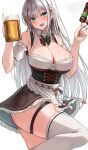  1girl absurdres alcohol ass bare_shoulders beer beer_mug breasts cleavage cowboy_shot cup dirndl dress flower food german_clothes green_eyes grey_hair hair_flower hair_ornament hana_hebi highres hololive large_breasts long_hair mole mole_on_breast mug open_mouth shirogane_noel short_dress simple_background smile solo standing standing_on_one_leg thighhighs underbust 