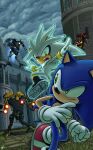  2boys absurdres boots castle floating gloves green_eyes hedgehog highres looking_back multiple_boys pointing psychic robot silver_the_hedgehog sonic_(series) sonic_the_hedgehog sonic_the_hedgehog_(2006) tyler_mcgrath weapon white_gloves yellow_eyes 