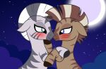  alternate_species badumsquish blue_eyes blush cuddling equid equine female friendship_is_magic full_moon generic_messy_hair_anime_anon hasbro hi_res hooves male mammal moon my_little_pony night stripes zebra zecora_(mlp) 