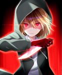  1other :| arm_at_side black_background bob_cut brown_hair chara_(undertale) closed_mouth commentary constricted_pupils drawstring english_commentary expressionless eye_trail gloves glowing glowing_eyes glowing_weapon gradient_background green_hoodie hair_between_eyes highres holding holding_knife holding_weapon hood hood_up hoodie knife light_trail long_sleeves looking_at_viewer open_clothes open_hoodie red_background red_eyes red_gloves reverse_grip shaded_face shirt short_hair solo storyshift straight-on undertale upper_body weapon white_shirt wind yuupontan. 