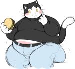  anthro aquatin belly black_body black_fur blush bodily_fluids burger chubby_cheeks clothed clothing domestic_cat felid feline felis flying_sweatdrops food fur hi_res holding_burger holding_food holding_object male mammal moobs nervous nervous_smile nervous_sweat obese obese_anthro obese_male overweight overweight_anthro overweight_male simple_background sitting solo sweat sweatdrop white_background white_body white_fur 