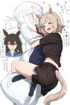  2girls absurdres admire_vega_(umamusume) animal_ears bags_under_eyes closed_eyes curren_chan_(umamusume) dakimakura_(object) empty_eyes hair_between_eyes hair_down highres horse_ears horse_girl horse_tail hugging_object hukahito midriff multiple_girls open_mouth pajamas pillow pillow_hug purple_eyes short_sleeves t-head_trainer tail tail_through_clothes trainer_(umamusume) umamusume 