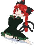  1girl :3 :p animal_ear_fluff animal_ears barefoot between_legs black_bow black_ribbon blunt_bangs bow braid cat_ears cat_tail commentary_request dress extra_ears full_body green_dress hair_bow hair_ribbon hand_between_legs hand_up highres kaenbyou_rin leg_ribbon licking licking_hand light_blush long_hair long_sleeves multiple_tails nekomata paw_pose red_eyes red_hair ribbon rizleting simple_background slit_pupils solo tail tongue tongue_out touhou tress_ribbon twin_braids two_tails very_long_hair white_background 