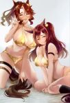  2girls absurdres alternate_costume animal_ears arm_strap bare_shoulders bikini breasts brown_hair cleavage commission embarrassed gold_bikini grey_eyes highres holding_own_tail horse_ears horse_girl horse_tail jewelry kneeling knees_together_feet_apart large_breasts long_hair mejiro_dober_(umamusume) mejiro_palmer_(umamusume) multicolored_hair multiple_girls navel necklace open_mouth ponytail purple_eyes simple_background skeb_commission stomach streaked_hair swimsuit tail umamusume v white_background white_eyes_(20220506white) white_hair 