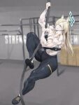  1girl abs absurdres animal_ear_fluff animal_ears barbell bare_shoulders blonde_hair blue_archive blue_eyes climbing climbing_rope commission exercise gym highres kanna_(blue_archive) looking_up muscular muscular_female pixiv_commission qtime4_702 shoes sneakers sweat veins veiny_arms 