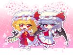  2girls ascot bat_wings blonde_hair chibi closed_eyes crystal fang flandre_scarlet floral_background frilled_shirt_collar frilled_skirt frilled_sleeves frills full_body hat hat_ribbon holding holding_polearm holding_weapon laevatein_(touhou) light_smile looking_at_another mary_janes medium_hair mob_cap multicolored_wings multiple_girls nova_(artist) one_side_up open_mouth pink_background pointy_ears polearm puffy_short_sleeves puffy_sleeves purple_hair red_ascot red_eyes red_footwear red_ribbon red_skirt red_vest remilia_scarlet ribbon ribbon-trimmed_headwear ribbon_trim shirt shoes short_sleeves siblings sisters skirt smile socks touhou vest weapon white_headwear white_shirt white_skirt white_socks wings yellow_ascot 