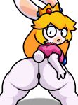  anthro big_butt blonde_hair butt clothing crossover crown dot_eyes dress female hair hand_on_butt headgear hi_res lagomorph leporid lewdewott looking_at_viewer looking_back mammal mario_bros mario_plus_rabbids_kingdom_battle nintendo open_mouth rabbid rabbid_peach rabbit raving_rabbids rayman_(series) solo thick_thighs ubisoft white_body 