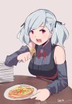  1girl absurdres artist_name black_ribbon black_vest breasts commentary detached_sleeves eating english_commentary food food_on_face fork gar32 girls&#039;_frontline grey_hair grey_shirt grey_sleeves hair_ribbon hand_on_table highres holding holding_fork large_breasts looking_at_viewer medium_hair meme open_mouth pasta plate plate_stack red_eyes ribbon shirt simple_background sleeveless sleeveless_shirt solo spaghetti spas-12_(girls&#039;_frontline) table tamamo_spaghetti_(meme) twintails upper_body vest white_background 