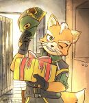  absurd_res anthro blush canid canine clothing delivery_(commerce) delivery_employee door doorway fox fox_mccloud gloves green_eyes grin handwear hat headgear headwear hi_res katamichi looking_at_viewer male mammal nintendo one_eye_closed package postal_delivery ribbons smile solo star_fox wink 