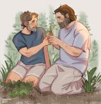  2boys bara beard bill_(last_of_us) blush carrot couple eye_contact facial_hair frank_(last_of_us) grey_hair harvest highres holding_hands kneeling looking_at_another male_focus mature_male multicolored_hair multiple_boys old old_man on_ground plant sadmishutka shirt short_hair short_shorts shorts smile streaked_hair t-shirt the_last_of_us thick_eyebrows thick_mustache yaoi 