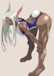  1girl absurdres animal_ears ass back bare_arms bare_legs bare_shoulders barefoot bent_over boku_no_hero_academia breasts child_flame competition_swimsuit dark-skinned_female dark_skin full_body grey_background hands_on_own_knees hanging_breasts highres large_breasts legs long_hair looking_at_viewer mirko multicolored_clothes multicolored_swimsuit muscular muscular_female one-piece_swimsuit parted_bangs rabbit_ears rabbit_girl rabbit_tail red_eyes smile solo sweat swimsuit tail tail_through_clothes thighs toes white_hair 