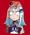  1girl aged_down animal_on_head bags_under_eyes bird bird_on_head blank_eyes blue_hair blue_neckerchief collared_shirt colored_inner_hair commentary cropped_torso fetus flipped_hair hair_ornament isle118 lize_helesta lize_helesta_(1st_costume) multicolored_hair neckerchief nijisanji o_o on_head parted_lips red_background sebastian_piyodore shirt sidelocks simple_background slime_(substance) solo virtual_youtuber white_hair white_shirt wide-eyed 
