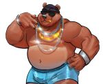  2023 anthro beanie bear big_bulge blue_clothing blue_underwear brown_body bulge chubby_cheeks clock clothed clothing eyewear gesture glistening glistening_jewelry gold_(metal) gold_tooth hand_on_hip hat headgear headwear hi_res jewelry male mammal musclegut navel necklace overweight overweight_male portrait pose shutter_shades silver_(metal) silver_jewelry silver_necklace smollsaid solo sparkles text text_on_clothing text_on_underwear three-quarter_portrait topless underwear v_sign watch wristwatch 