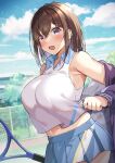  1girl armpits blue_jacket blue_skirt blue_sky breasts brown_hair building chain-link_fence cloud collared_shirt commentary_request day fence hawawa-chan_(shiro_kuma_shake) highres jacket large_breasts looking_at_viewer midriff_peek navel open_mouth original outdoors pleated_skirt purple_eyes racket school_uniform shiro_kuma_shake shirt skirt sky sleeveless smile solo sportswear tennis tennis_court tennis_racket tennis_uniform tree white_shirt 