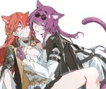  2girls all_fours animal_ear_fluff animal_ears arm_belt between_legs black_choker black_coat breasts cat_ears cat_girl cat_tail cat_teaser choker coat collared_shirt eyewear_on_head feet_out_of_frame flower from_side gloves hair_flower hair_ornament highres himeko_(honkai:_star_rail) honkai:_star_rail honkai_(series) jewelry kafka_(honkai:_star_rail) kemonomimi_mode knee_up long_hair long_sleeves mole mole_on_breast multiple_girls off_shoulder open_mouth pince-nez pink_eyes ponytail purple_gloves purple_hair reclining red_hair ring round_eyewear shirt simple_background smile spider_web_print sunglasses tail was775 wavy_hair white_background white_shirt yellow_eyes 