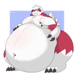  0907_kapi 2023 3_fingers 3_toes absurd_res anthro belly big_belly biped bodily_fluids digital_media_(artwork) feet fingers generation_7_pokemon hi_res hyper hyper_belly lycanroc male midnight_lycanroc navel nintendo nude obese obese_anthro obese_male overweight overweight_anthro overweight_male pokemon pokemon_(species) simple_background solo sweat sweatdrop thick_thighs toes wide_hips 