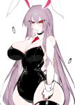  1girl alternate_costume animal_ears bare_shoulders black_choker black_leotard black_thighhighs blush breasts buttons choker clenched_hand closed_mouth collarbone detached_collar hair_between_eyes highres huge_breasts latex leotard long_hair looking_to_the_side necktie playboy_bunny purple_hair rabbit_ears rabbit_girl rabbit_tail red_eyes red_necktie reisen_udongein_inaba sidelocks simple_background solo standing strapless strapless_leotard sweat tail thighhighs touhou usa37107692 v-shaped_eyebrows white_background wing_collar wrist_cuffs 