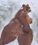  2023 anthro bear bodily_fluids breasts brown_body brown_breasts brown_fur brown_nipples brown_tail butt dated dialogue famir_(artist) female fur genital_fluids genitals green_eyes hi_res humanoid_genitalia humanoid_pussy looking_at_viewer mammal monotone_body monotone_fur narrowed_eyes nipples nude open_mouth open_smile presenting presenting_pussy pussy pussy_juice signature smile solo tail talking_to_viewer 