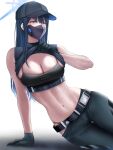  1girl arm_support bare_arms baseball_cap belt black_belt black_bra black_gloves black_headwear black_mask black_pants blue_archive blue_hair blunt_bangs bra breasts clothes_lift crop_top gloves grey_eyes halo hat highres large_breasts long_hair lying mask midriff mouth_mask navel on_side pants saori_(blue_archive) shirt_lift solo stomach straight_hair tsukumo_momo underwear 