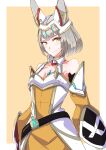  1girl absurdres aged_up animal_ears belt blunt_bangs blush breasts cat_ears chest_jewel commentary_request facial_mark grey_hair highres looking_at_viewer nia_(queen)_(xenoblade) nia_(xenoblade) short_hair simple_background small_breasts smile solo to_(tototo_tk) xenoblade_chronicles_(series) xenoblade_chronicles_3 yellow_eyes 