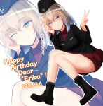  1girl ;) ankle_boots black_footwear black_headwear black_jacket black_socks blue_eyes blush boots closed_mouth dated dress_shirt english_text floating garrison_cap girls_und_panzer grey_hair half-closed_eyes hand_on_own_face happy_birthday hat highres insignia itsumi_erika jacket knees_up kumaisao kuromorimine_military_uniform long_sleeves looking_at_viewer medium_hair military_hat military_uniform miniskirt one_eye_closed outline pleated_skirt red_shirt red_skirt shirt skirt smile socks uniform v white_outline wing_collar zoom_layer 