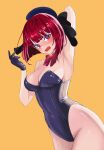  1girl arima_kana armpits bad_id bad_pixiv_id bare_hips beret blush bow breasts cleavage gloves hair_bow hat highres leotard medium_breasts open_mouth oshi_no_ko playboy_bunny red_bow red_eyes red_hair s_(pixiv97180854) short_hair simple_background solo 