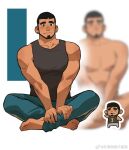  1boy bara beard black_hair black_tank_top blur_censor blush buzz_cut censored chibi dark-skinned_male dark_skin facial_hair full_body gh_himainu highres large_pectorals looking_at_viewer male_focus mature_male muscular muscular_male nude original pants pectorals short_hair sitting smile tank_top track_pants v_arms very_short_hair 