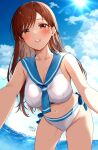  1girl breasts brown_hair cleavage cloud gen_(enji) highres idolmaster idolmaster_cinderella_girls idolmaster_cinderella_girls_starlight_stage midriff navel nitta_minami ocean sailor_bikini sailor_collar sailor_swimsuit_(idolmaster) signature sunlight wet 