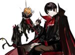  2boys 2girls animal_ears black_cape black_eyes black_hair black_jacket black_pants bound bound_arms cape cat_ears cat_tail closed_mouth jacket library_of_ruina long_hair looking_at_viewer multiple_boys multiple_girls nekomata nishikujic pants polearm project_moon pumpkin_on_head red_skirt short_hair skirt smile tail tenma_(library_of_ruina) thelma_(project_moon) trident valentin_(library_of_ruina) vampire_costume very_long_hair weapon yujin_(library_of_ruina) 