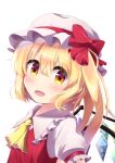  1girl ascot backlighting blonde_hair blush collared_shirt crystal fang flandre_scarlet frilled_ascot frilled_shirt_collar frilled_sleeves frills from_side furannsupaku hair_between_eyes hat hat_ribbon highres long_hair looking_at_viewer mob_cap multicolored_wings one_side_up open_mouth orange_eyes puffy_short_sleeves puffy_sleeves red_ribbon red_vest ribbon shirt short_sleeves simple_background solo touhou upper_body vest white_background white_headwear white_shirt wings yellow_ascot 