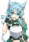  1girl :d animal_ears armor bangs black_gloves blue_eyes blue_hair breastplate cat_ears cat_girl cat_tail fingerless_gloves gloves hand_up highres juliet_sleeves long_sleeves looking_at_viewer open_mouth puffy_sleeves shikei simple_background single_sleeve sinon_(sao-alo) smile solo sword_art_online tail upper_body white_background 