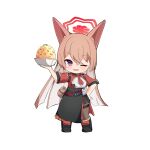  1girl ;d ame. animal_ear_fluff animal_ears apron black_apron black_footwear blue_archive boots bowl brown_hair brown_pants chibi commentary_request food fried_rice full_body hair_between_eyes halo hand_on_own_hip hand_up highres holding holding_bowl jacket long_hair looking_at_viewer necktie one_eye_closed pants purple_eyes red_jacket red_necktie rumi_(blue_archive) shirt short_necktie simple_background smile solo standing very_long_hair white_background white_shirt 