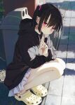  1girl bare_legs bare_legs_girl_(kamizaki_hibana) black_hair black_hoodie blush choppy_bangs closed_mouth crocs dappled_sunlight dot_nose drawstring from_side full_body grate hair_between_eyes hair_ornament hair_scrunchie head_tilt hood hood_down hoodie kamizaki_hibana legs_together long_sleeves looking_at_viewer miniskirt open_hand original outdoors pleated_skirt purple_eyes scrunchie shade short_hair short_twintails sidelocks skirt smile solo squatting stone_walkway sunlight trash_can twintails white_skirt yellow_footwear 