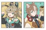  1boy 1girl ahoge animal_ears bell black_bow black_choker black_shirt blue_background bow braid brown_hair cat_hair_ornament cat_tail choker collared_shirt dog dog_ears eyepatch fingerless_gloves french_braid genshin_impact glasses gloves gorou_(genshin_impact) green_eyes hair_bow hair_ornament hairclip half_updo highres jacket jingle_bell kirara_(genshin_impact) long_sleeves medical_eyepatch papajay_(jennygin2) paw_hair_ornament paw_pose red_headphones shirt sidelocks simple_background skeleton_print sparkle tail taroumaru_(genshin_impact) white_jacket 