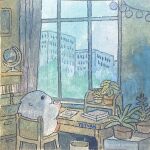  artist_name building cabinet chair cityscape cup flower flower_pot globe hamster holding holding_cup indoors no_humans original picture_(object) signature sitting table window yeyuan33 