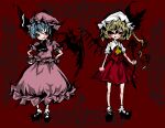  2girls ascot black_ascot black_eyes black_footwear black_ribbon black_sclera black_wings blonde_hair blue_hair closed_mouth collared_shirt colored_sclera commentary_request crystal fang fang_out flandre_scarlet frilled_shirt_collar frilled_skirt frills full_body hair_between_eyes hat hat_ribbon laevatein_(touhou) lastdark long_hair looking_at_viewer mary_janes medium_bangs mob_cap multiple_girls one_side_up pink_headwear pink_shirt pink_skirt puffy_short_sleeves puffy_sleeves red_background red_eyes red_skirt red_vest remilia_scarlet ribbon shirt shoes short_hair short_sleeves siblings sisters skirt skirt_set smile socks standing touhou vest white_headwear white_shirt white_socks wings wrist_cuffs yellow_ascot 