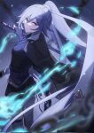  1girl alternate_costume blue_eyes breasts closed_mouth english_commentary esticss fingerless_gloves fu_hua gloves grey_hair hair_between_eyes high_ponytail highres holding holding_sword holding_weapon honkai:_star_rail honkai_(series) honkai_impact_3rd korean_commentary long_hair mixed-language_commentary small_breasts solo sword upper_body weapon 