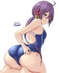  1girl adjusting_clothes adjusting_swimsuit akebono_(kancolle) ass bell blue_one-piece_swimsuit blush competition_swimsuit covered_navel dated flower hair_bell hair_between_eyes hair_flower hair_ornament highres jingle_bell kantai_collection long_hair looking_at_viewer looking_back montemasa one-piece_swimsuit open_mouth purple_eyes purple_hair side_ponytail simple_background sitting solo swimsuit twitter_username two-tone_swimsuit very_long_hair wariza white_background white_one-piece_swimsuit 