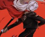  1girl absurdres black_jacket blood braid cape cropped_jacket edelgard_von_hresvelg epaulettes fire_emblem fire_emblem:_three_houses floating_hair french_braid gloves hair_over_mouth hair_ribbon highres holding holding_weapon jacket long_hair long_sleeves looking_back purple_eyes purple_ribbon red_background red_cape ribbon roru_(lol_dessin) solo standing upper_body very_long_hair weapon white_gloves white_hair 