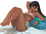  1girl ass black_hair blunt_bangs bracelet breasts brown_eyes brown_lips chel_(the_road_to_el_dorado) cheshirrr dark-skinned_female dark_skin earrings highres jewelry large_breasts loincloth long_hair looking_at_viewer lying on_back pelvic_curtain pink_tube_top solo strapless the_road_to_el_dorado thick_thighs thighs tube_top underboob very_dark_skin white_loincloth 