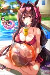  3girls absurdres animal_ears antenna_hair ball barefoot beachball bikini bikini_skirt blue_bikini blue_innertube blush bow breasts bubble_tea_challenge cleavage commentary_request daiwa_scarlet_(trifle_vacation)_(umamusume) daiwa_scarlet_(umamusume) drinking_straw drinking_straw_in_mouth ear_bow frilled_bikini frills front-tie_bikini_top front-tie_top hanamura_pink heart heart-shaped_eyewear highres holding holding_ball holding_beachball horse_ears horse_girl horse_tail indian_style innertube large_breasts long_hair looking_at_viewer low_twintails multiple_girls official_art orange_bikini outdoors palm_tree partially_submerged pink_bow pool poolside red_bikini red_eyes red_hair short_hair sitting special_week_(umamusume) sunglasses swimsuit tail tree twintails umamusume upper_body very_long_hair vodka_(umamusume) 