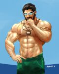  1boy abs arm_hair bad_deviantart_id bad_id bara beard black_hair blue_background bulge chest_hair facial_hair finger_under_clothes food food_on_pectorals glasses graves_(league_of_legends) green_male_swimwear hair_slicked_back hairy highres ice_cream jewelry large_pectorals league_of_legends male_focus male_swimwear mature_male muscular muscular_male navel navel_hair necklace nipples official_alternate_costume opaque_glasses open_fly pectorals short_hair sideburns solo standing stomach sunglasses swim_trunks thick_eyebrows thick_thighs thighs topless_male yecow 